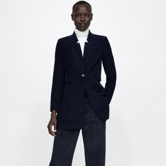 Zara Basic Velvet Blazer Coat Tailored Fit Single Breasted | Midnight Blue | M/L - Picture 1 of 11
